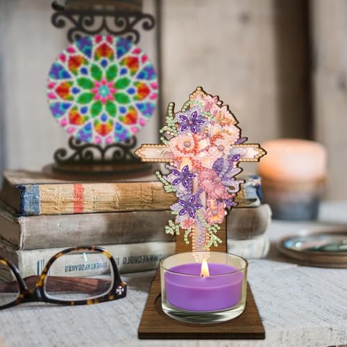 BAYUNOE DIY Candlestick Holders Wooden Desktop Diamond Art Painting Candle Holder Double-Sided Diamond Vintage Modern Decorative for Table Mantel Wedding Dinning Party-Flower Cross02 - color: Flower Cross02