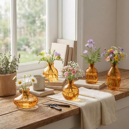 Glass Bud Vases Set of 6, Small Gold Amber Flower Vases for Wedding Centerpiece Vintage Mini Glass Flower Bottles for Floral Arrangement Party Home Office Dining Table Decor - color: Gold Amber