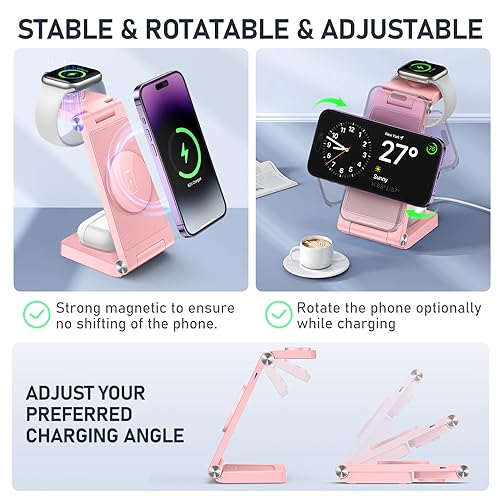 Magnetic Wireless Charger Stand, 3 in 1 Foldable Wireless Charging Station, Travel Charger for Multiple Devices for iPhone 16 15 14 13 12 Series, Apple Watch Ultra/SE/9/8/7/6/5/4/3/2, AirPods - color: Pink