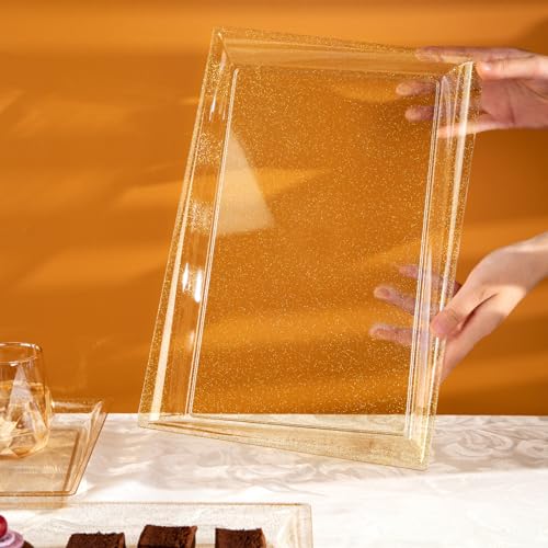 I00000 6 Pack Gold Glitter Plastic Serving Tray, 15" x 10" Crooked Food Trays, Clear Disposable Serving Platter for Parties, Weddings - color: Gold Glitter