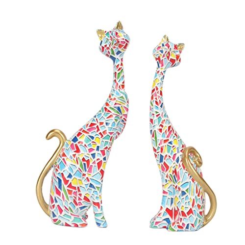 Tyenaza 2Pcs Oil Painting Cat Statues, Colorful Cat Statue, Abstract Couple Resin Cat Figurines Cat Sculpture for Bedroom Office Desktop Decoration(KY145) - size: KY145