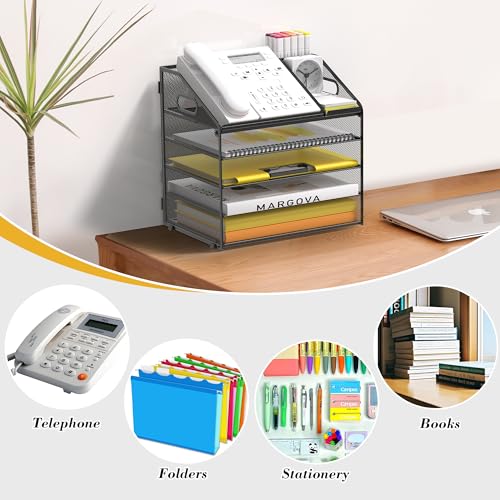 Letter Tray Paper, 5 Tier Desk Organizer with Pen Holder and Handle, Mesh File Organizer Paper Sorter Metal Desktop Document Shelf for Office Home Classroom - Black - color: 5 Tier-black
