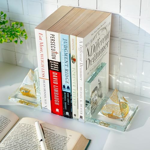 Crystal Bookends for Shelves 1 Pair, Glass Decorative Book Ends for Heavy Books, Non-Skid Book Stopper for Home Office School Supplies - color: Pyramid-tree of Life