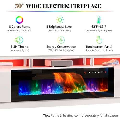 AMERLIFE 90" 2 Tier Fireplace TV Stand with 50" Fireplace, Modern Large Entertainment Center LED Lights, Media Console Table Storage Cabinets for TVs Up to 100", Living Room, White & Black - color: White & Black, size: 90"