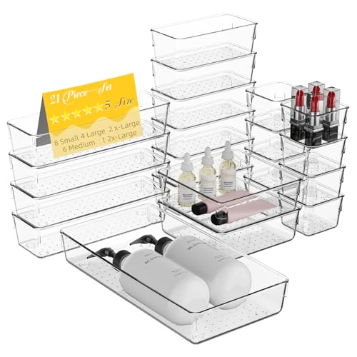 21 PCS Clear Plastic Drawer Organizer Set with 15 Inch Extra Long Bins, 5 Sizes Acrylic Makeup Organizer and Storage Trays, Non Slip Dividers for Vanity, Kitchen and Office - style: 21pcs with 15inches organizer