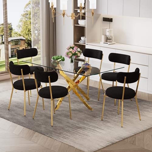 7 Piece Rectangular Glass Dining Table Set, 63'' Modern Kitchen Table Set Gold Base with 6 Luxury Black Gold Boucle Dining Chairs, Dining Table and Chairs for Home, Apartment - color: Golden+black Gold Chairs, size: 63'' + 6 Chairs