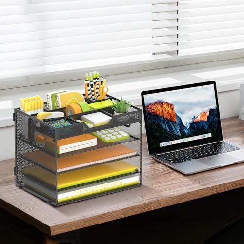 SUPEASY 5 Tier Desk Organizer, Mesh Letter Tray Paper Organizer with 4 Adjustable Storage Compartments & Pen Holder, Metal Desk Accessories for Home Office School, Black - size: 12.6" x 9.1" x 10.3"
