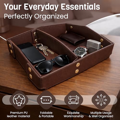 Valet Tray Organizer for Men & Women - PU Leather Catch All Tray with Removable Divider - EDC Storage for Keys, Watch, Phone - Nightstand, Dresser & Desk Organizer - Midnight Espresso - color: Midnight Espresso