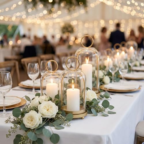 3 Pack Metal Candle Holders with Glass Dome, 5.5" & 4.7" & 3.9" Wide Gold Candlestick Holders Set, Versatile Hurricane Lanterns Candleholders for Pillar Candle, Decorative Glass Display Dome Stands - color: Gold
