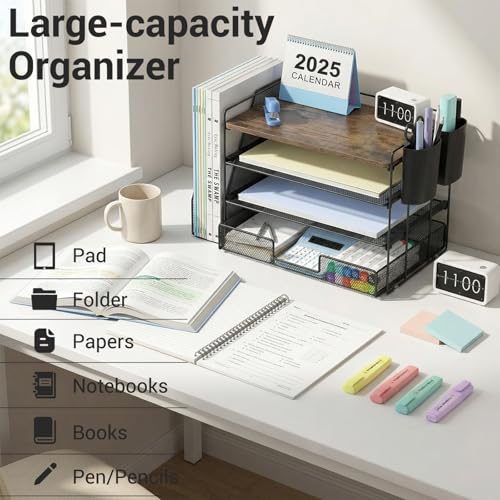 OPNICE Wood Desk Organizers and Accessories, 4-Tier Desktop File Organizer with Drawer and 2 Pen Holders, Office Desk Accessories Workspace Organizers for Office Supplies(Wood) - color: Wood, size: 4-Tier