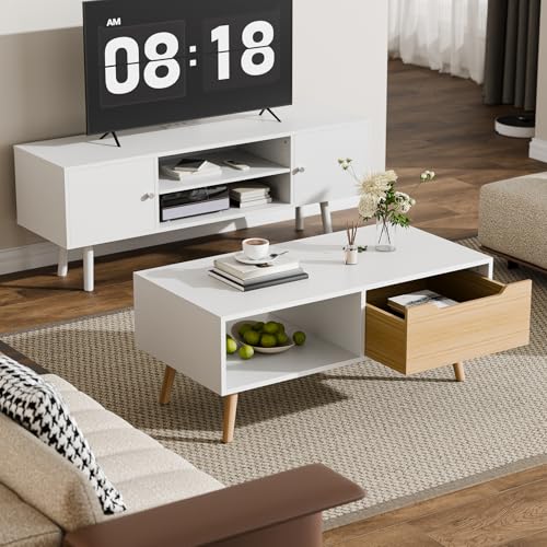 Cozy Castle Modern Coffee Table, Wooden Cocktail Table with Storage, Minimalist Hallway Table, Mid Century Modern Coffee Table for Living Room Apartment Reception, White - color: White