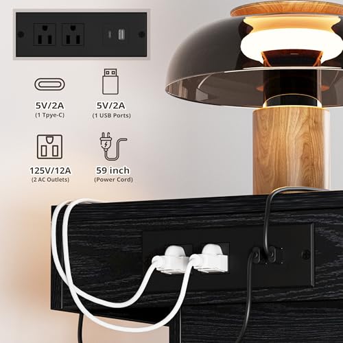 LIKIMIO Night Stand with Charging Station, Modern Black Nightstand with LED Light and Drawers, Bedside Tables/End Table for Bedroom - color: Black
