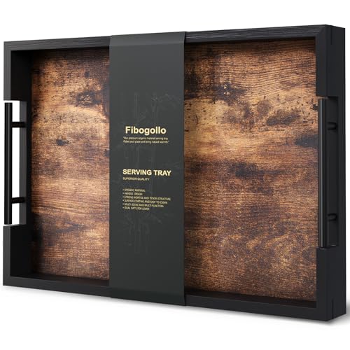 Fibogollo Wooden Serving Tray with Metal Handles,17x12in Ottoman Decorative Trays Platter for Coffee Table,Living Room,Bar,Party,Large - size: 16.9" x 11.8" x 2"
