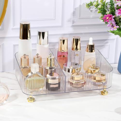 DASITON Makeup Organizer Countertop for Vanity, 5 Slots Makeup Brush Holder Organizer, Vintage Makeup Perfume Tray Cosmetic and Skincare Organizers for Bedroom Bathroom Counter, Desk Storage (Clear) - color: Clear