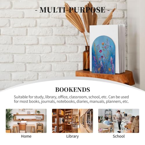 Wood Book Ends for Shelves Wildflowers On Blue Floral Art Bookends for Heavy Books CDs Organizer Decorative Wooden Book Stopper Holders for Home Office Desk,6.7x4.2x4in,Set of 2 - size: 6.7x4.2x4in