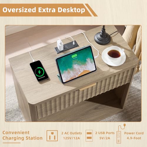 LEYAOYAO 31" Wide Fluted Nightstand with Charging Station, Oversized Extra Large 1 Drawer Night Stand with Golden Handle, Grey Wood Bedside Table Tall End Tables,for Bedroom, Living Room, Hallway - color: Grey, size: 1 Drawers