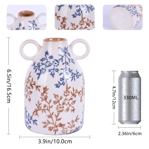 Blue Floral Ceramic Vase with Handle, Nordic Boho Small Vases Side Table Flower Centerpiece, Wide Mouth Single Flower Vase Pampas Grass Decorative - for Home Window Sill Living Dining Room Kitchen - color: Blue Floral