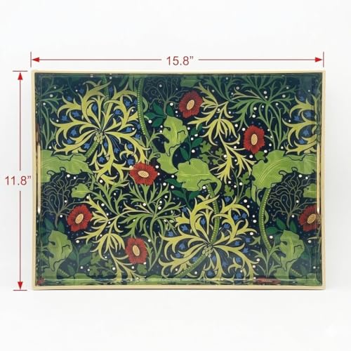 15.8" x 11.8" Navy Green Plastic Serving Tray with Handles, Seaweed & Poppy Botanical Floral Pattern with Red & Blue Accents and Gold Trim, for Ottoman, Coffee Table, Vanity - color: Seaweed & Poppy Botanical