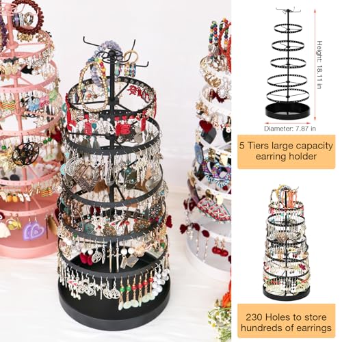 17Dec 6 Tier Rotating Jewelry Organizer Stand, 230 Holes Earring Holder Organizer for Women Girls, Spinning Earring Tree with Ring Holder, Wide Base for Bracelets Watches Lipstick - color: Metal,6-Tier,Black