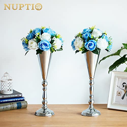 2 Pcs Tabletop Silver Metal Wedding Flower Trumpet Vase, 16.5 inch Table Decorative Centerpiece Artificial Flower Arrangements for Anniversary Ceremony Party Birthday Event Aisle Home Decoration - color: Silver, size: 16.5 inch x 2 Pcs