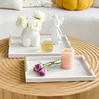 Set of 2 Modern Elegant Large Wood Serving Tray, Rectangle Decorative Tray Ottoman Tay Coffee Table Tray, Pearl White Crocodile Leather with Gold Polished Metal Handles - style: White Crocodile Tray