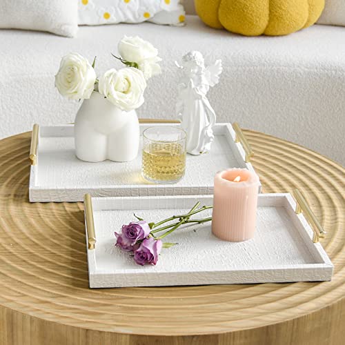 Set of 2 Modern Elegant Large Wood Serving Tray, Rectangle Decorative Tray Ottoman Tay Coffee Table Tray, Pearl White Crocodile Leather with Gold Polished Metal Handles - style: White Crocodile Tray