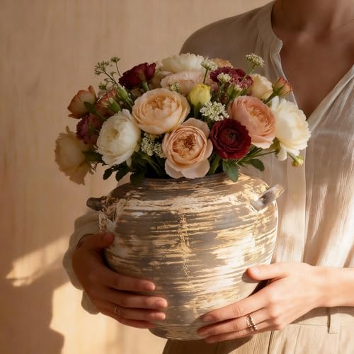 Ceramic Flower Vase 7 inch Rustic Farmhouse Vase with Handles for Home Decor Vintage Decorative Vases for Bookshelf, Table, Mantle Fireplace, Living Room, Bathroom, Wedding Retro Brown - color: 7 Inch-retro