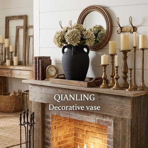 Handmade Black Vase - 8.2" Tall Terracotta Vases with 4 Ear Design, Wide Mouth Vintage Vases, Rustic Antique Decor Matte Finish Black Ceramic Vase for Home Decor, Living Room, Table, Fireplace Decor - color: Black, size: Small