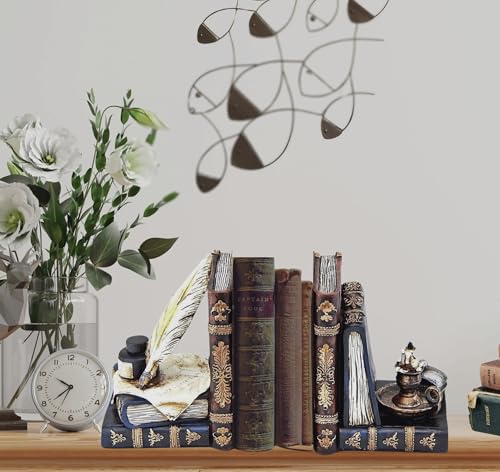 Bellaa 26324 Vintage Bookends Set of 2 - Wizard Feather Quill Pen & Ink Bottle with Oil Lamp Design - Magical - Antique Bronze Decorative Book Ends for Shelves, Office, Library - Farmhouse Home Decor