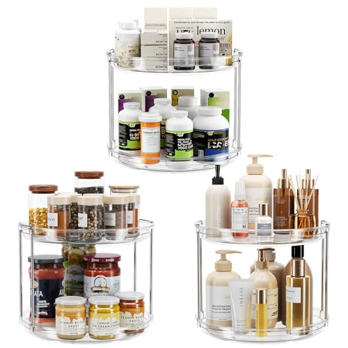 LAMU 3 Pack 2 Tier Lazy Susan Turntable Organizer 9.25'' Rotating Spice Rack Organization for Cabinet, Kitchen, Pantry, Countertop, Bathroom, Vanity, Medicine Cabinet Organizer, Clear - color: Clear, size: 9.25in 3Pack