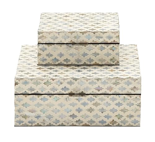 Deco 79 Mother of Pearl Shell Geometric Handmade Decorative Box Storage Decorative Keepsake Boxes with Hinged Lid, Set of 2 Storage Boxes 12", 8"W, Cream - color: Cream, size: 12", 8"W