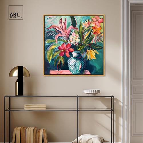 Art Remedy Vase Of Tropical Flowers Framed Flowers In Vase Paintings, 31.5" x 31.5", Gold Frame - color: Gold Frame, size: 31.5"L x 31.5"W