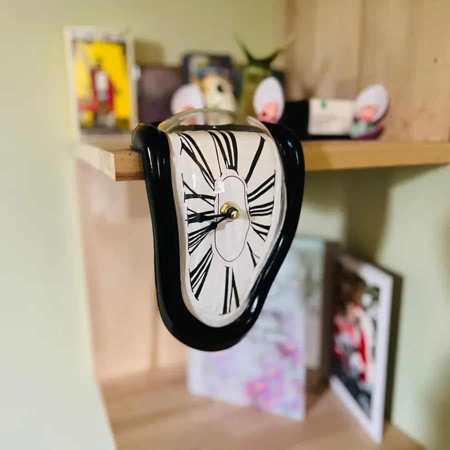 TIMEACT Melting Clock Dali Melted Clock Gift Decor Art Inspired Wall Clock Twisted Shelf Hanging Surrealist for Decorative Shop Office Home Desk Roman (Black) - color: Black