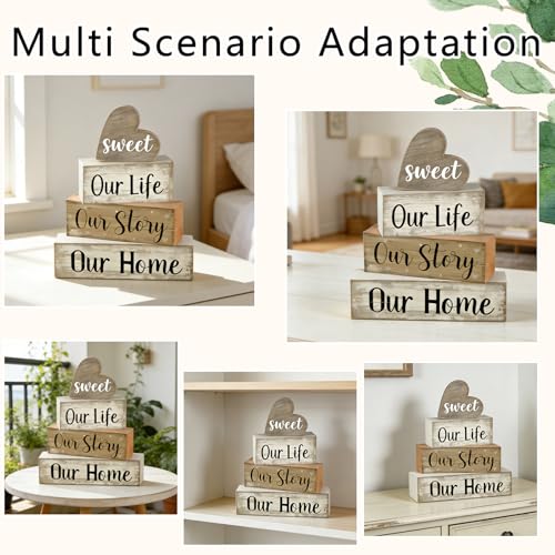 4 Pcs Farmhouse Tabletop Decor Rustic Wooden Block Set for Kitchen Shelf Mantel Family Home Warm Heart Sign Housewarming Gift - style: Home