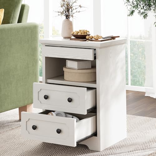 LIKIMIO Night Stand, Modern Bedside Table with 2 Drawers, Open Shelf, End Table with Pull-Out Tray, Wood SideTable, White - color: White