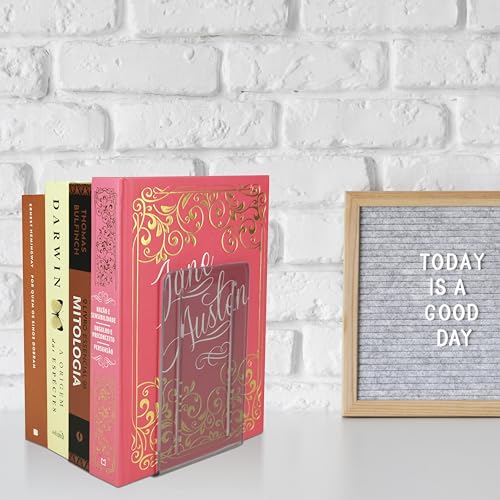 Acrimet Bookends 1 Pair, Clear Plastic Bookends for Shelves or Desktop, Book Holder for Home, Office, Library, School (Clear Gray)