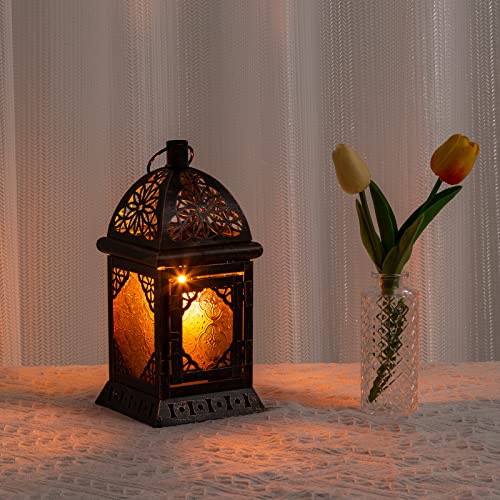 Candle Lanterns Decorative Indoor & Outdoor, 12'' Vintage Moroccan Hanging&Tabletop Lantern, Christmas Halloween Metal Candle Holder for Home Front Porch Patio Decor (Amber) - color: Amber-square - 12''h, size: Large