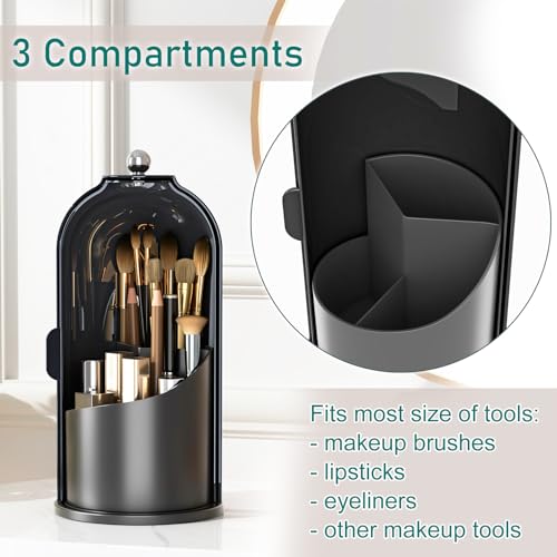 GAXmi Makeup Brush Holder with Lid Cosmetic Tools Organizer 360 Rotating Waterproof Dustproof Beauty Brushes Storage for Vanity, Dark Black - color: Dark Black