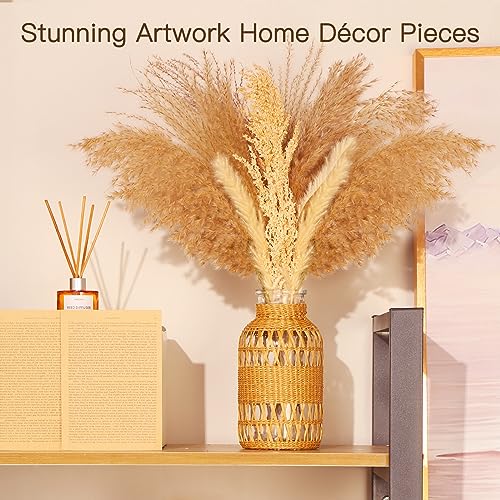 ZENS Rattan Boho Vase, Hand Woven Wicker Cover Glass Flower Vases for Pampas Grass, Artistic Boho Style Country Vase for Fall Flower Decor, Home Table Centerpiece, Farmhouse Decorative - size: 1