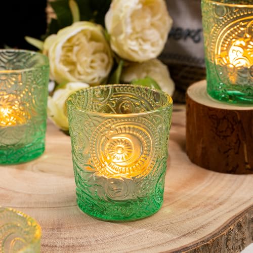 6 Pack Patented Sun Moon Star Embossed Glass Tea Light Candle Holders - Unique Votive Candle Holders for Wedding, Party, and Table Centerpieces (Multi-Color) - color: Multicolor