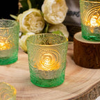 6 Pack Patented Sun Moon Star Embossed Glass Tea Light Candle Holders - Unique Votive Candle Holders for Wedding, Party, and Table Centerpieces (Multi-Color) - color: Multicolor
