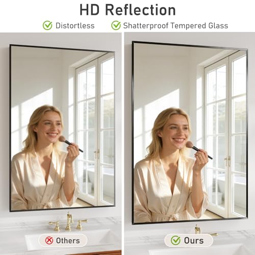 Koonmi Bathroom Mirror for Wall, 24"x36" Black Bathroom Mirror for Over Sink, Shatterproof Tempered Glass Vanity Mirror with Anti-Rust Aluminum Alloy Frame, Hang Horizontally or Vertically - color: Square Edged, size: 36"L x 24"W