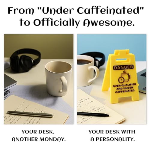 3D-Printed Desk Sign - Funny Office Decor with Sarcastic Quote, "DANGER: Over Qualified & Under Caffeinated" - Novelty Gift for Coworkers, Boss, Graduates, Coffee Lovers - color: Caffeine