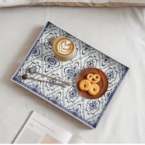 Serving Tray with Handles, 15.7 * 11.8 inches, Plastic Ottoman Tray with Exquisite Paintings, Trays for Coffee Table - color: Blue White