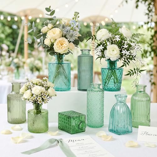15 Pcs Colored Bud Vase Set,Glass Vases for Flower Centerpieces Wedding & Party Decor,Home Table Decorations,Bud Vases in Bulk for Housewarming (15, Green) - color: Green