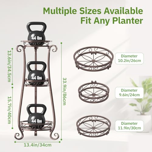 KMOTASUO 3 Tier Metal Plant Stand for Multiple Large Planters Indoor Outdoor Organizer, Heavy Duty Tall Flower Rack for Corner Patio Bathroom Office Corner, Modern Sturdy Vertical Iron Rack, Bronze - color: Bronze, size: 3 Tier