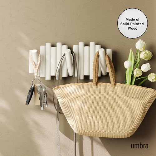 Umbra Picket Wall-Mounted Coat Rack Rail Hook with 5 Retractable Wood Pegs – Modern, Space-Saving Storage Organizer, White - color: White, size: 5-Hook