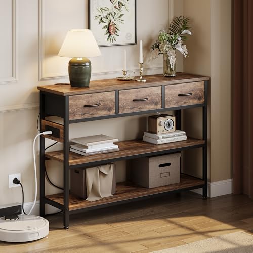 Lulive Entryway Table with Power Outlets, Console Table with 3 Fabric Drawers, Sofa Table for Living Room, Hallway, Couch, Foyer, Height Adjustable (Rustic Brown, 43") - color: Rustic Brown, size: 1-Pack 43 inches