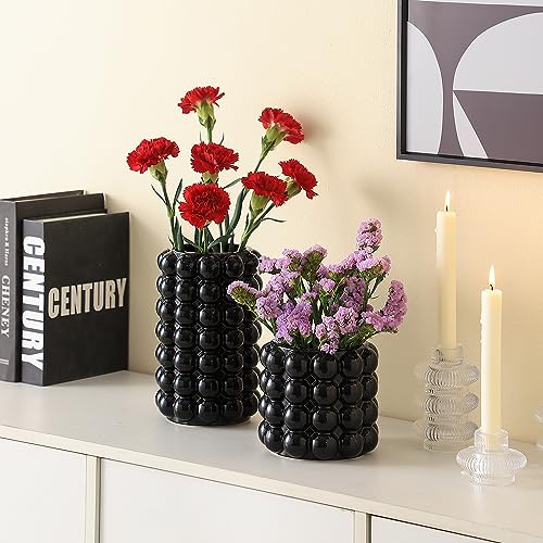 Black Bubble Vases, Black Ceramic Vases Set of 2, Boho Flower Vase for Pampas Grass, Decorative Vase for Dining Table, Wedding, Fireplace Mantel, Office, Wedding - color: Black, size: Large+Medium