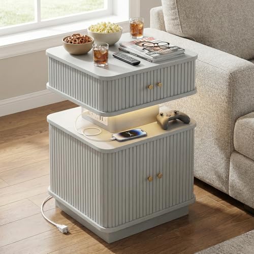 LED Light End Table with Charging Station, Grey Mid Century Bedside Table with USB Type A C Ports, Small Fluted Accent TV Control Nightstand with 2 Sliding Door for Living Room, Curvy Edge - color: Grey